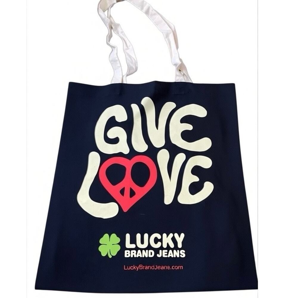 Lucky Brand Give Love Heart Tote bag Peace Sign Reusable Canvas Black Shopper